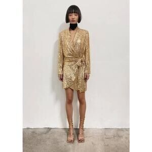 Zara Gold Sequin Wrap Tie Long Sleeve Tunic Mini Stretch Dress V Neck XS Gold